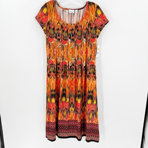 NWT Kim Rogers Orange Printed Short Sleeve Scoop Neck Godet Casual Dress Size PS - Picture 1 of 10